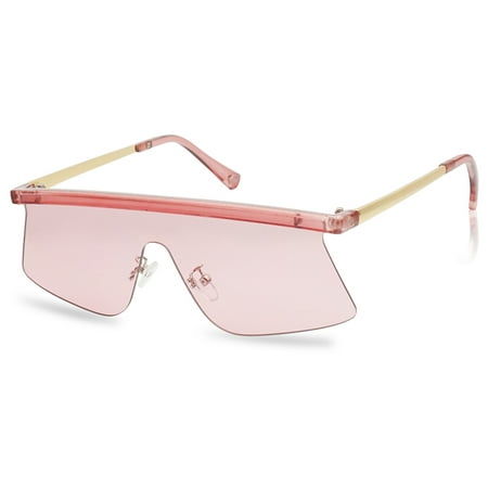 SunglassUP Futuristic Semi-Rimless Flat Top Aviator Shield Transparent Sunglasses Pink
