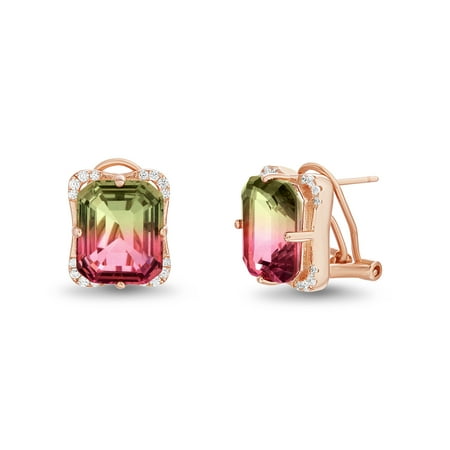 Engagement Simulated Earring - Inspired by You Emerald Cut Prong Set Simulated Watermelon Tourmaline and Round Cubic Zirconia Stud Bridal Earring for Women with Omega Back in Rose Gold Plated 925 Sterling Silver