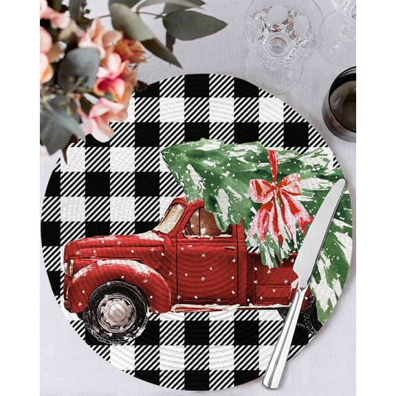 15 Inch Round Placemats Set of 6, Christmas Red Truck Non Slip Heat Insulation PP Table Mats, Xmas Tree Bow Farm White Black Plaid Washable Place Mats for Kitchen Dining Party Table Decor