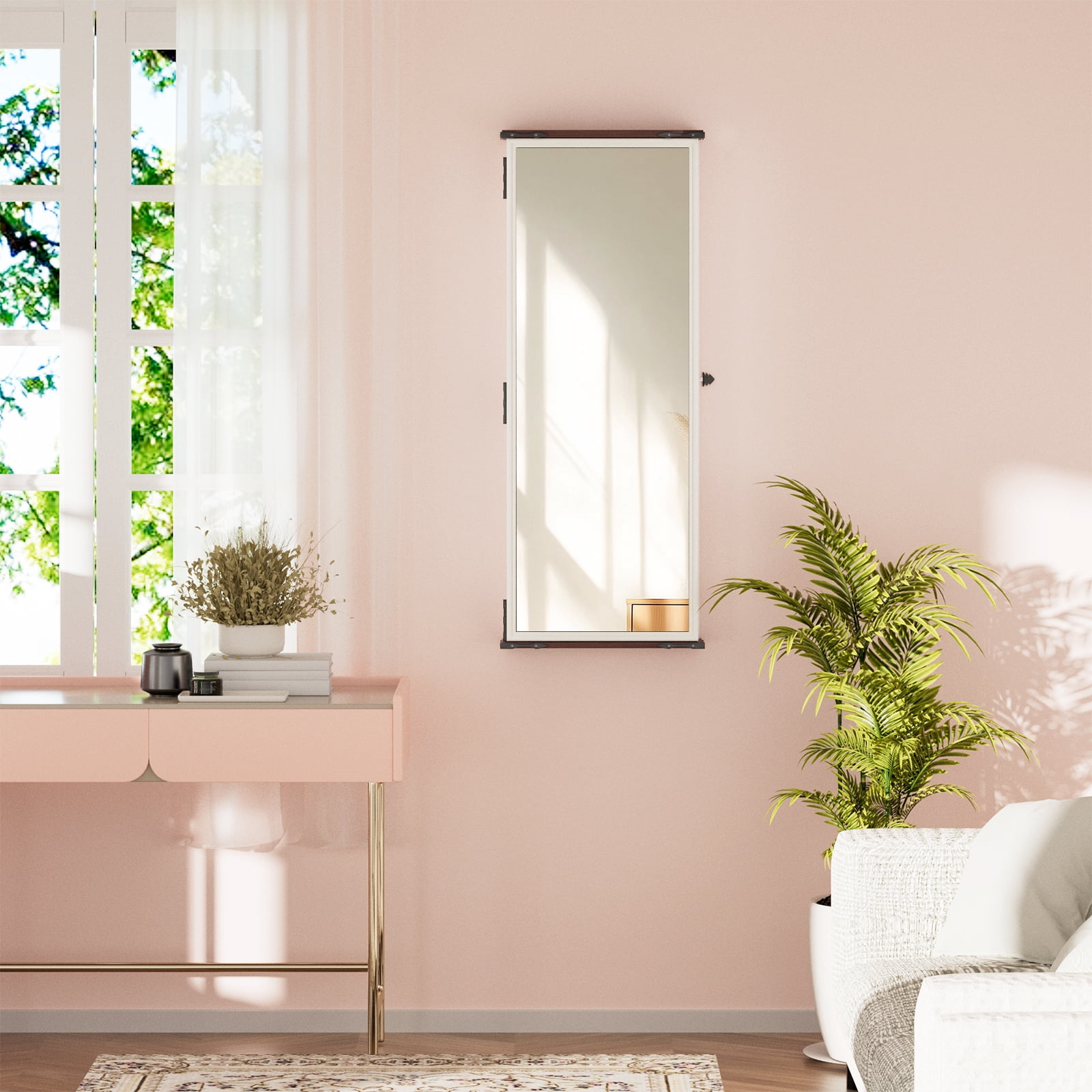 MAYEERTY 42.52"x16.14" 2-in-1 Jewelry Cabinet with Full-Length Mirror, Door-Hanging Makeup Organizer with Built-in Light for Bedroom