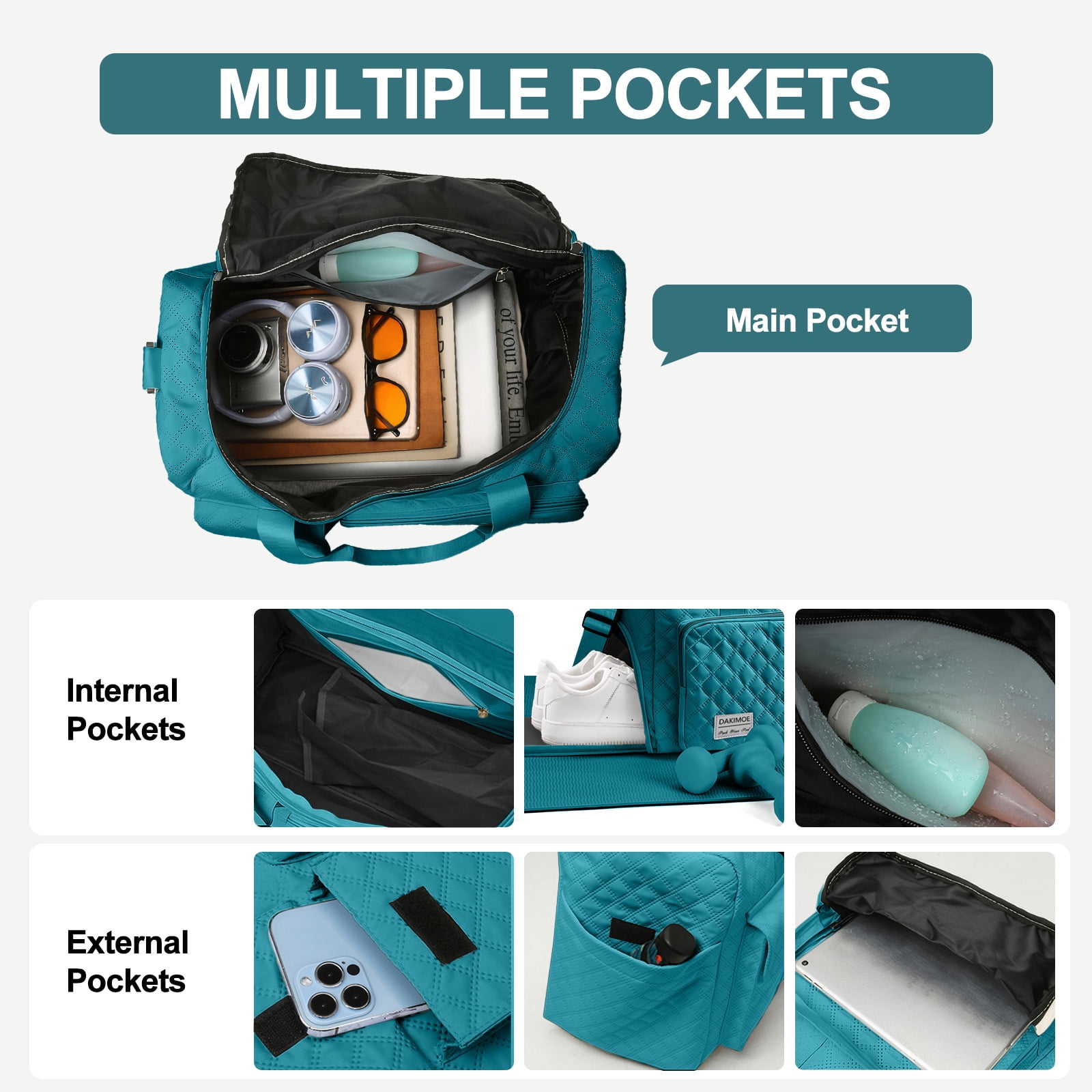 DAKIMOE Travel Duffle Bag for Women Men, Weekender Overnight Bags Carry on Gym Bag with Wet Pocket/Adjustable Strap/Shoe Compartment, Foldable Waterproof Duffel Tote for Plane Sports Dance, Blue