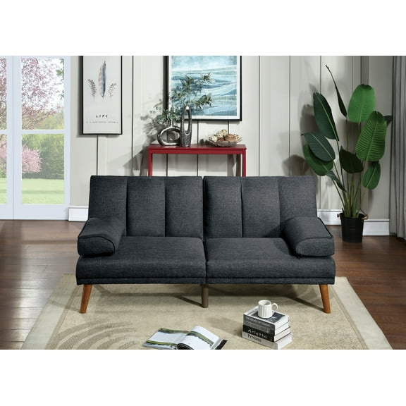 Living Room Sofa Convertible Bed Sofa Black Polyfiber Adjustable Couch Patterned Cushions 1pc Sofa Bed