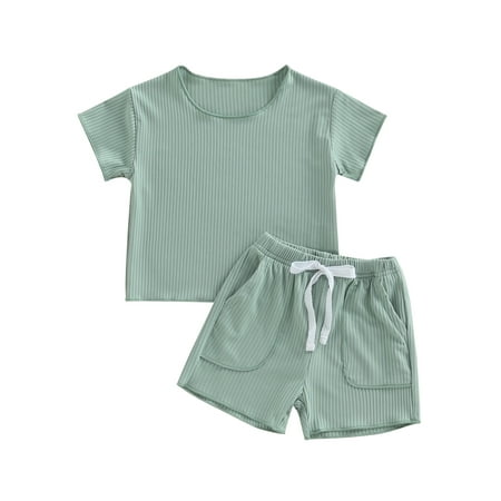 

Genuiskids Toddler Baby Girl Boy Summer Clothes 0-3T Cotton Short Sleeve Ribbed T Shirt Solid Color Elastic Shorts Pocket 2Pcs Lounge Set