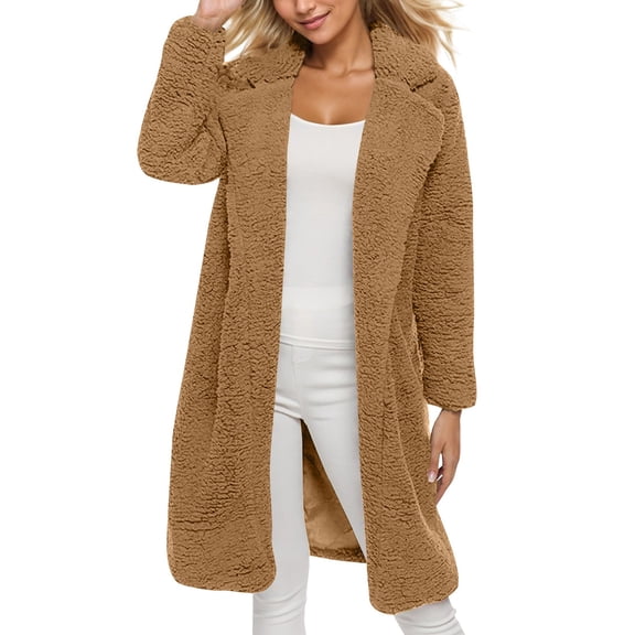 Xyxonk Womens Fuzzy Fleece Jacket Sherpa Trench Coat Lapel Collar Open Front Jackets Winter Trendy Long Sleeves Outwear,Camel M