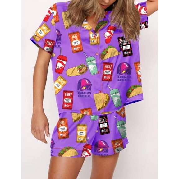 SheShow Fast Food Print Silky Casual Short Sleeve Pajama Set for Women, Lavender, L
