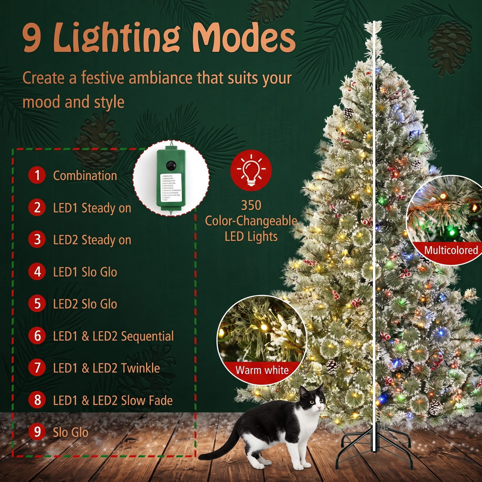 RUIE 6 FT Pre-Lit Artificial Christmas Tree, Hinged Holiday Tree with 350 Color-Changing LED Lights, 598 Branch Tips, Pine Cones and Red Berries, Quick Power, Green
