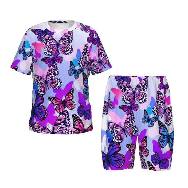 Balery Flying Butterflies Conjunto de Pijama Infantil de Manga Corta con Estampado – Ropa de Dormir de Algodón Suave-X-Large
