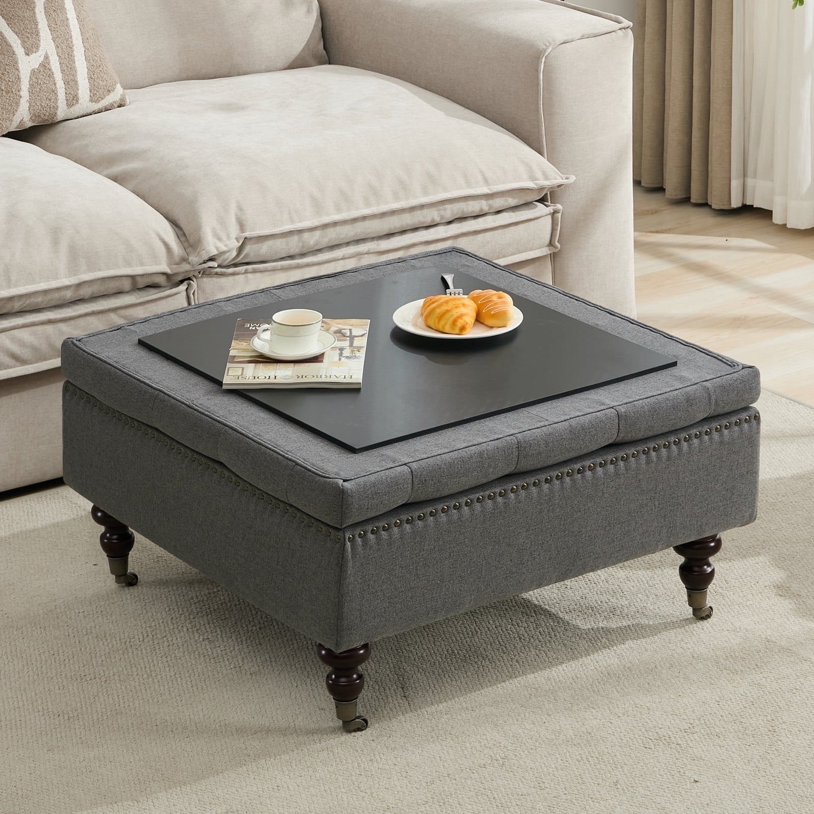 BRILHAMEZ Storage Ottoman Bench, Tufted Upholstered Seat with Hidden Storage, Multi-Functional Coffee Table and Foot Rest for Living Room, Gray