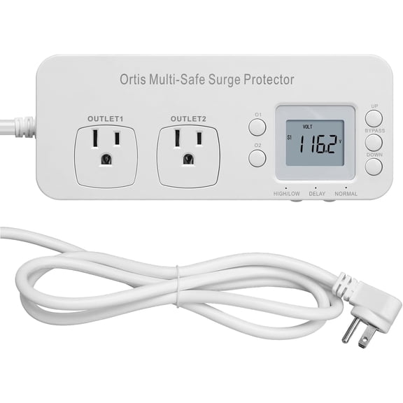 Refrigerator Surge Protector, Ortis Double Outlet RV Appliance Surge Protector with Time Delay & Real-Time Electricity Usage Monitor, Protects All Voltage Abnormalities, White