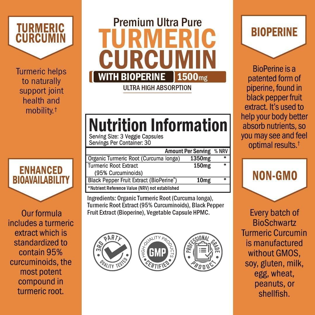 BioSchwartz 1500mg Turmeric Curcumin with BioPerine Black Pepper Extract, 90 Capsules