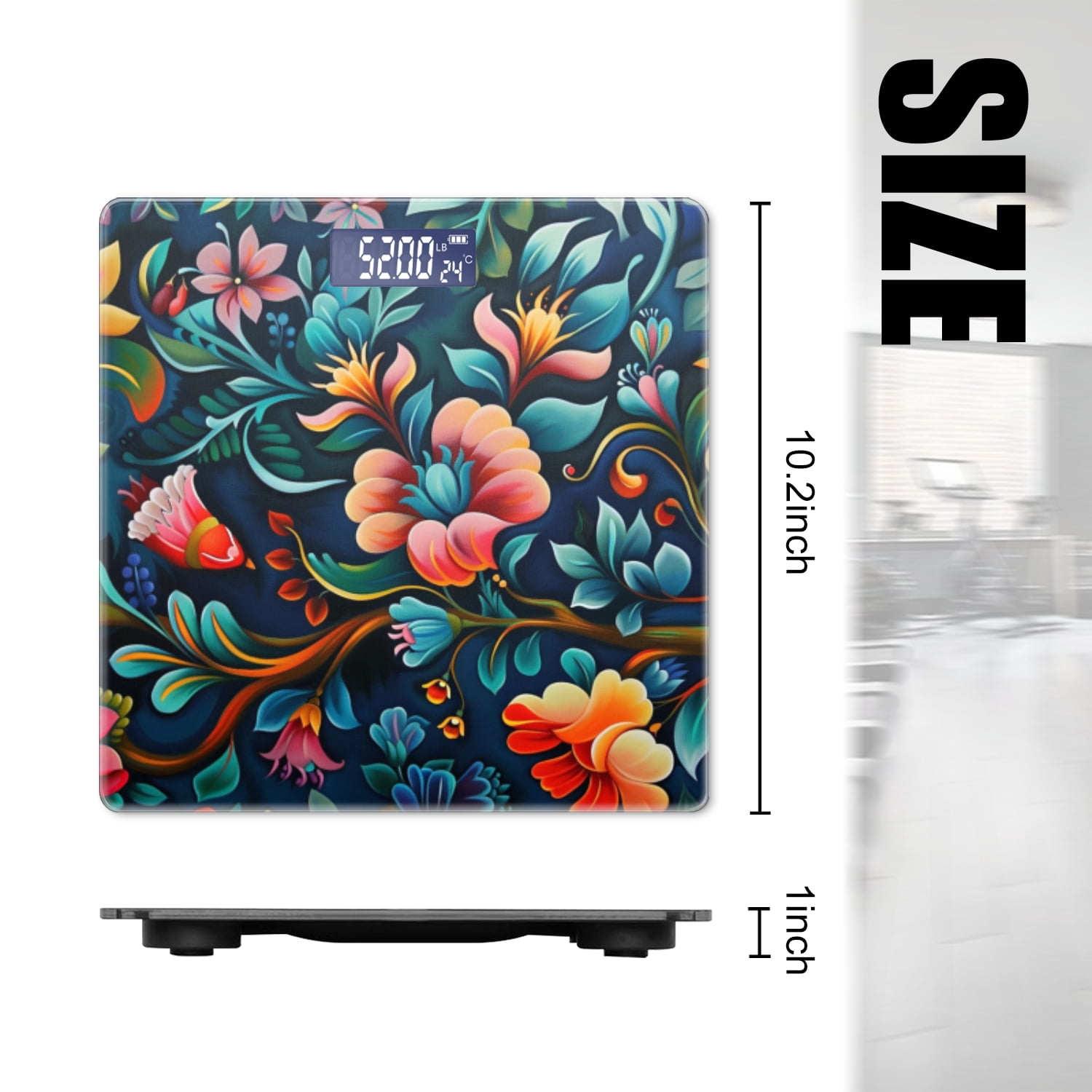 Digital Bathroom Scale with Large LCD Display,High Capacity Scale 400 lbs High Precision body fat scale-Colorful Pattern Of Flowers And Leaves On Dark Background