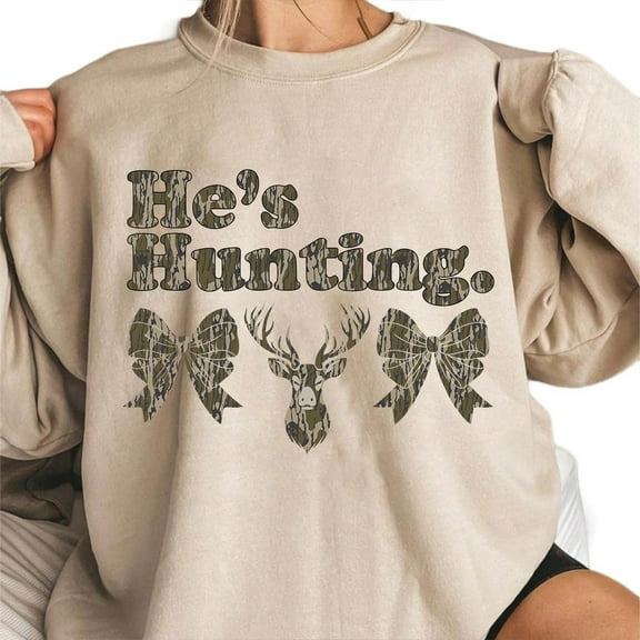 He is Hunting Bow Deer Camoflauge Bottomland Design Sweatshirt, Camo He's Hunting Bow Deer Sweater, Camo Hunting, Hunting Season Gift
