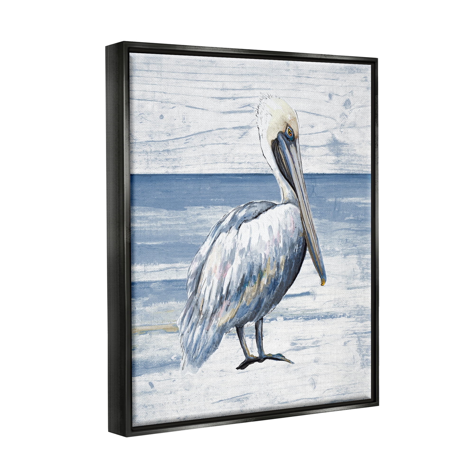 Stupell Industries Rustic Plank Pattern Pelican Animals & Insects Painting Black Floater Framed Canvas Art Print Wall Art, 17 x 21