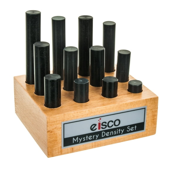 12pc Mystery Density Activity Set - Cylindrical Bars, Various Lengths - Includes Wooden Storage Block - For Identification Exercises and Studying Density & Mass - Eisco Labs