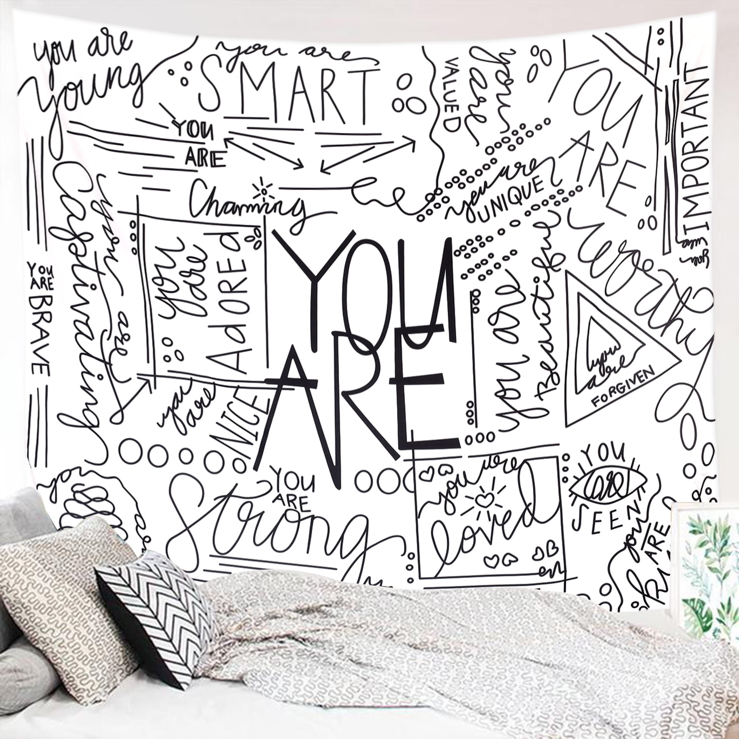 Miytal Quote You are Wall Tapestry, Inspirational Wall Art Positive Saying Wall Hanging White Tapestry for Teen Girl Bedroom Dorm - 59.1 x 80 Inches