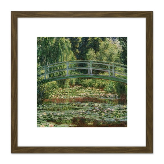 Monet Japanese Footbridge Water Lily Painting 8X8 Inch Square Wooden Framed Wall Art Print Picture with Mount