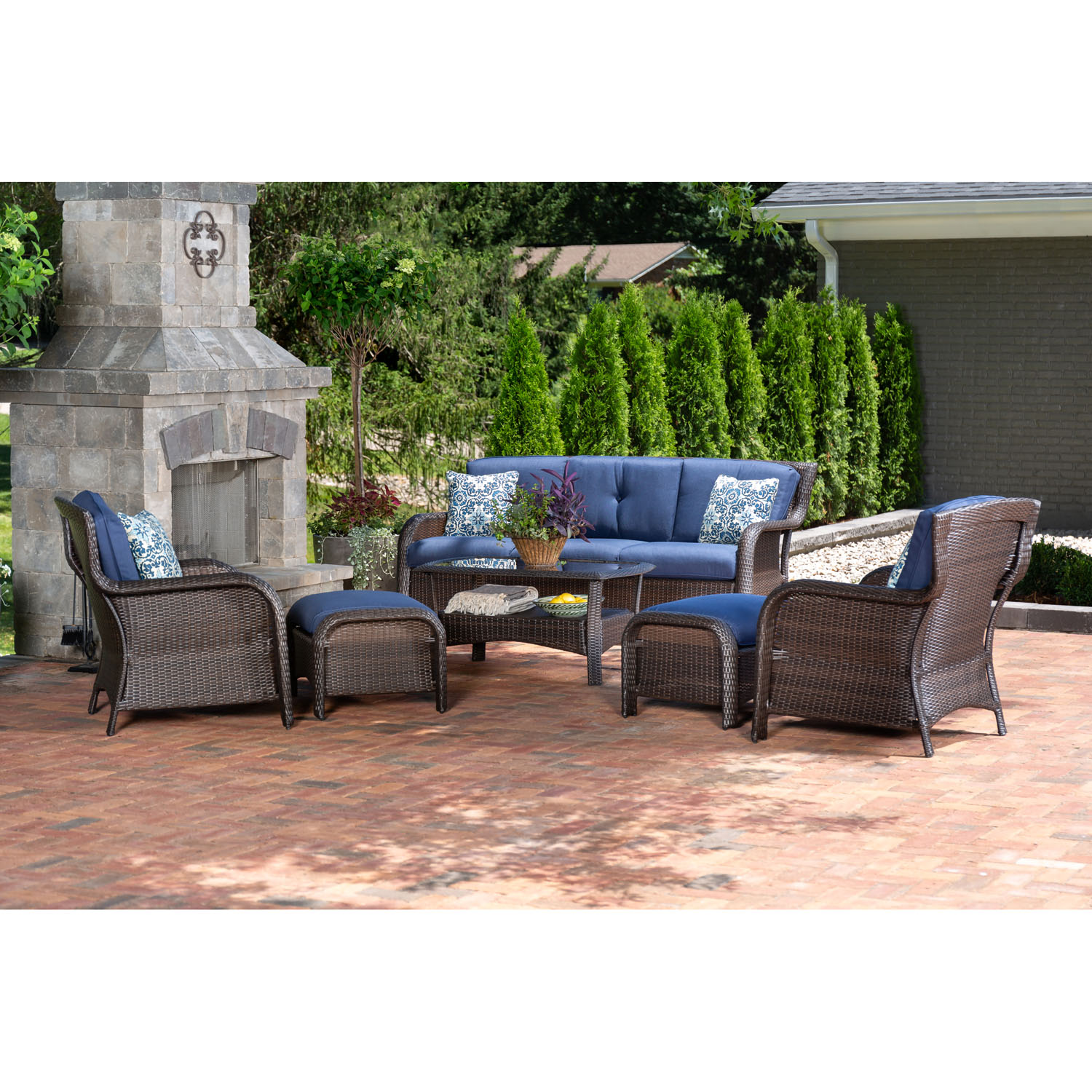 Hanover Strathmere 6-Piece Wicker and Steel Outdoor Conversation Set, Navy Blue - image 3 of 15