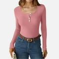 thumbnail image 2 of WTOBBY Women's Solid Color U-Neck Pullover Long Sleeve Slim Fit Top, Casual Layering Tee with Button Accent, Comfort Stretch Fabric for Base Wear,Pink L, 2 of 6