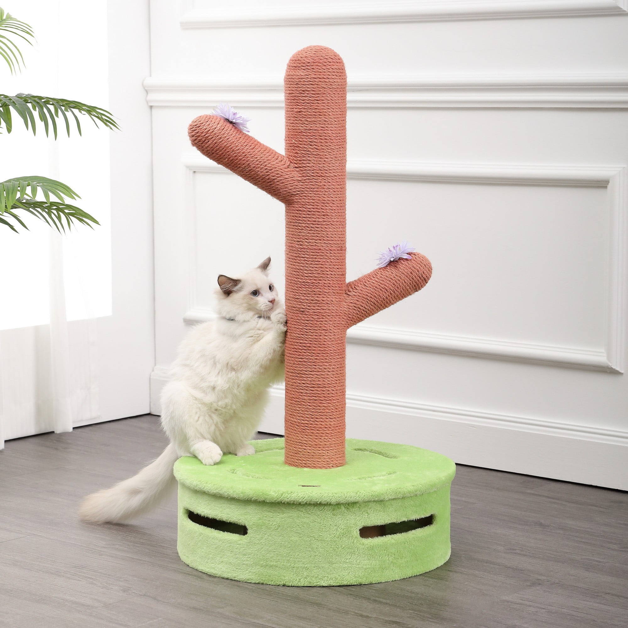 THE LICKER STORE Rosa 36" Modern Jute Cactus Cat Scratching Post with Flower Toys and Built-In Bell Toys, Pink/Green, CTR1004A