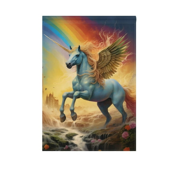 Unicorn Flying Rainbow and Flower Garden Flag House Banner 12" x 18" Double Sided Outdoor Yard Decoration