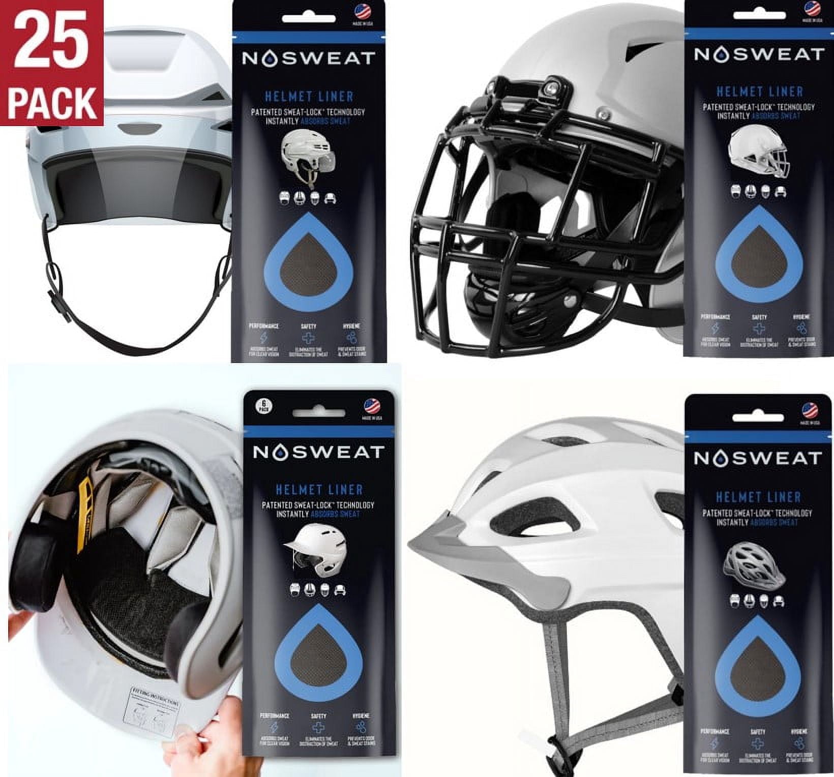 Helmet Sweat Liners - Patented SweatLock™ Sweatband For All Helmet Types by NoSweat - 25 Pack - Made in the USA