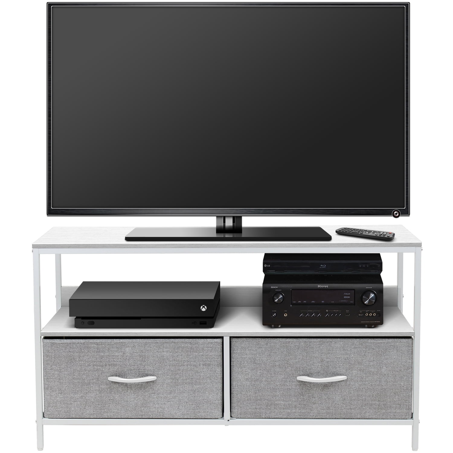 Sorbus TV Stand Cabinet Entertainment Center 25-50 Inch - Living Room Media Console Table, Steel Frame, Wood Top, Fabric Bins (White)
