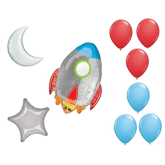 LOONBALLOON Space, Alien, Rocket Theme Balloon Set, 29 Inch Blast Off Rocket Balloon, Star, Moon Foil and 6x latex balllons