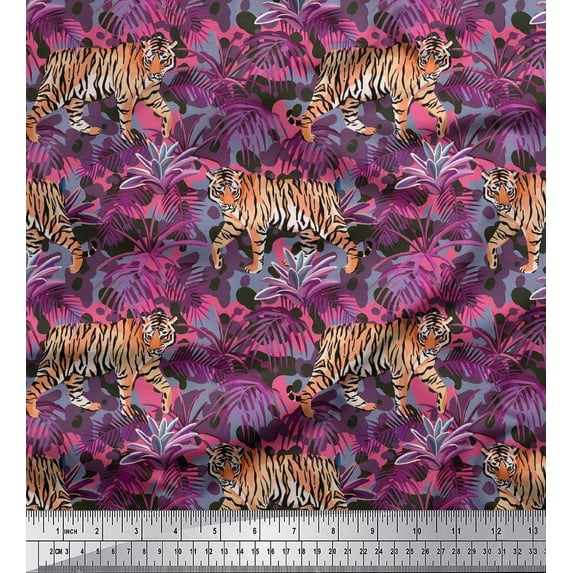 Soimoi Cotton Jersey Fabric texture,leaves & tiger Animal Decor Fabric Printed Yard 58 Inch Wide