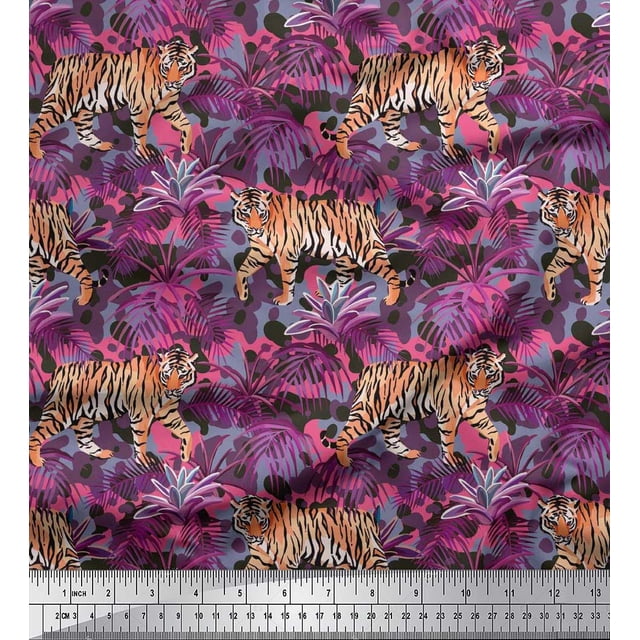 Soimoi polyester Crepe Fabric texture,leaves & tiger Animal Print Sewing Fabric Yard 52 Inch Wide