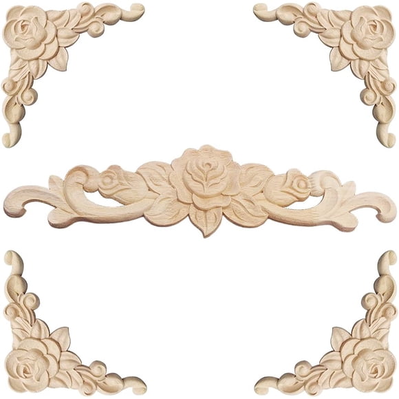 Decorative Wood Molding 5 Pieces Wood Carving Decorative Wood Molding Applique Molding Rosette Decorative Floral Wood Carving Decal Carved Decorative Corner for Furniture Decoration