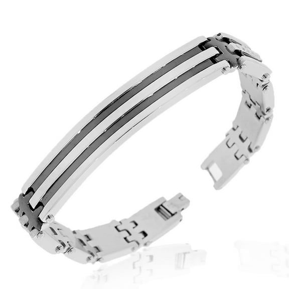 Stainless Steel Black Silver-Tone Link Mens Bracelet