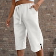 thumbnail image 5 of Linen Capris for Women Summer Casual High Waisted Crop Pants with Pockets Wed Leg Lounge Trousers Boho Beach Clothes White M, 5 of 5