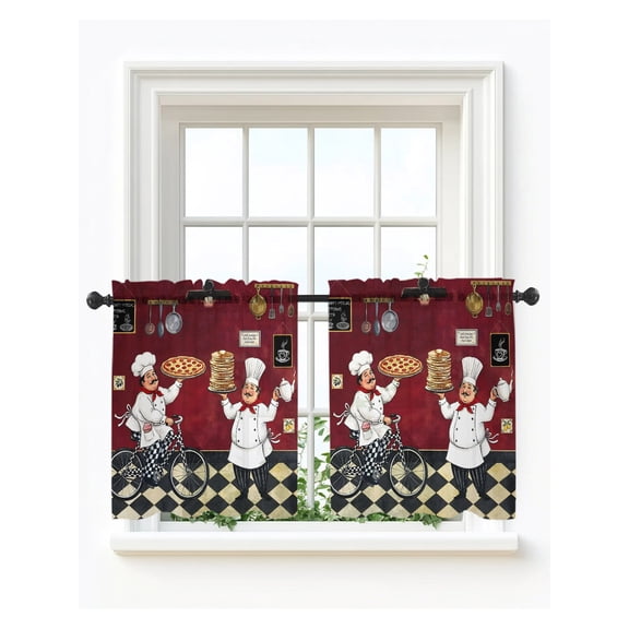 Red Kitchen Chef Tier Curtains 24 Inch Length,Sheer Curtains for Bedroom Living Room Retro Farmhouse Pizza Cooking Checkered Short Kitchen Curtains Drapes for Small Half Window 27.5"x24" 2 Panels