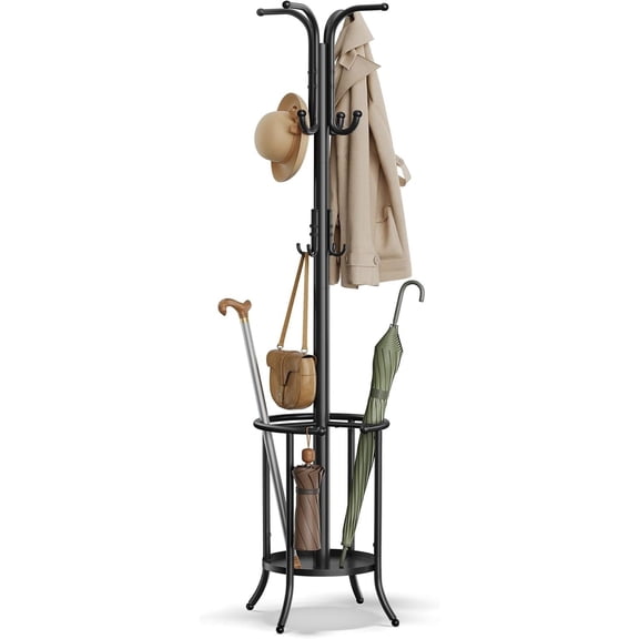 Coat Rack Freestanding, Coat Rack with Umbrella Holder, Metal Coat Rack Stand with 12 Hooks, for Entryway, Hallway, Living Room, Bedroom, Ink Black