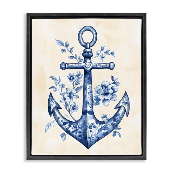 Stupell Industries French Country Blue Floral Life Anchor Black Floating Frame Canvas Art, 17 x 21, by Arlington Prints