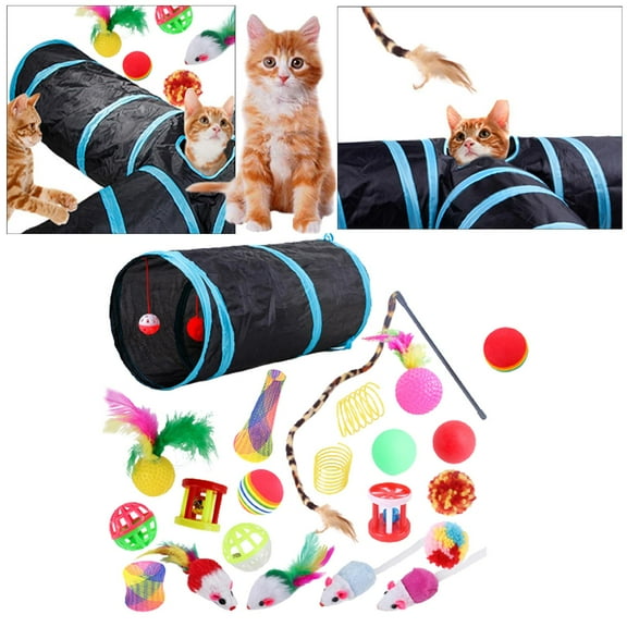 22 Piece Cat Kitten Toys Set, Collapsible Cat Tunnels Kitten Ball Toys Mouse Toy for Indoor Cats, Interactive Cat Feather Toy Crinkle Balls Toys for Rabbit