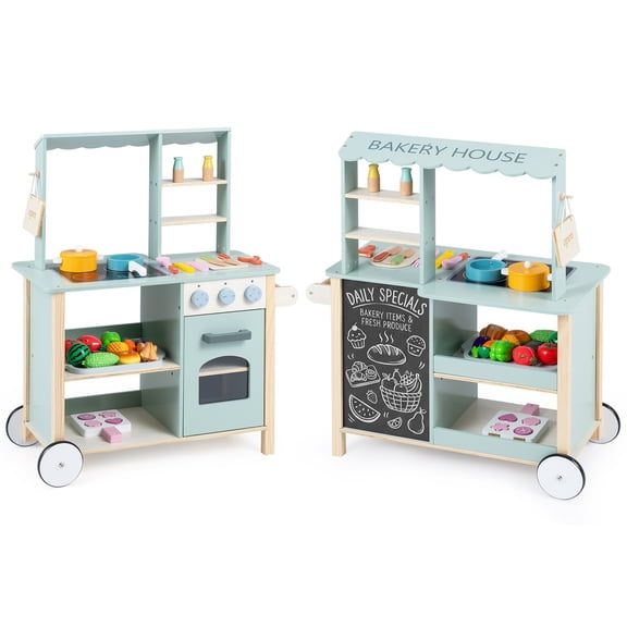 Costway Play Kitchen for Kids, Wooden Kitchen Playset with Cookware Accessories, Wheels