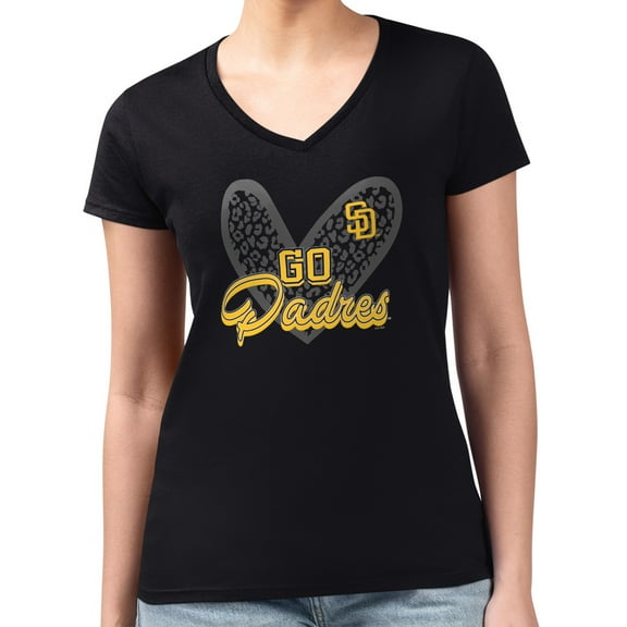 Women's G-III 4Her by Carl Banks Black San Diego Padres Super-Slim Fit Lightweight Leopard Heart V-Neck T-Shirt