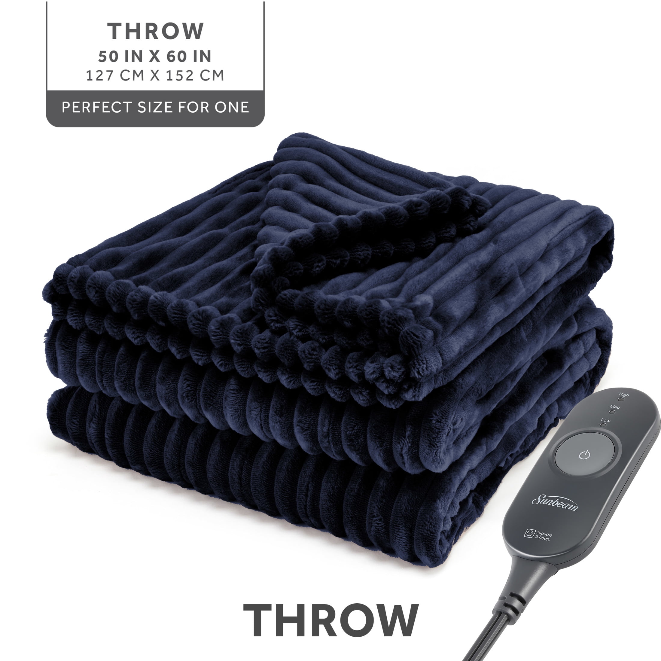Sunbeam Heated Throw Blanket Textured Velvet Maritime Blue 3 Heat Settings 50"x60"