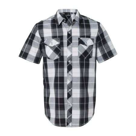 Preppy Blue Plaid - 9202 Men's Plaid Short Sleeve Shirt - White/ Black - Small