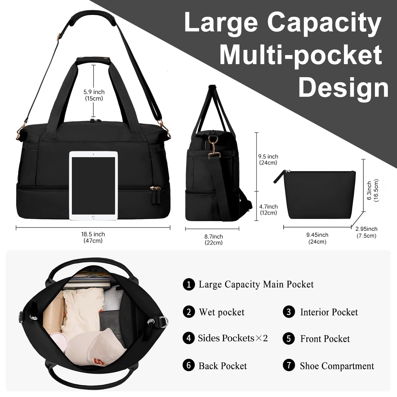 DAKIMOE Travel Duffel Bag for Women Gym Bag with USB Charging Port Large Weekender Overnight Bag Yoga Duffle Bags with Wet Pocket and Shoes Compartment, Black