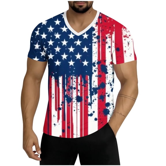Jessboyy Mens 4th of July V Neck T Shirts Big and Tall Short Sleeve Patriotic T-shirts American Flag Printed Independence Day Clothes Hot Pink,XL