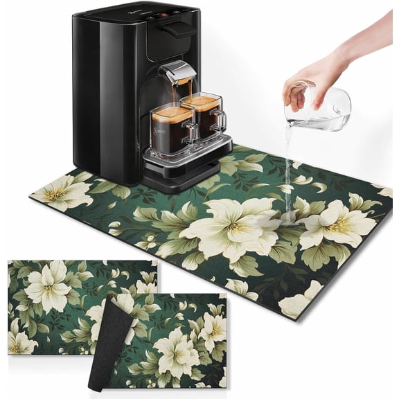 Coffee Mat for Countertops, Floral Painting Green Dish Drying Mat 2 Pcs for Kitchen Coffee Bar Accessories, Coffee Maker Espresso Machine Dish Rack Hide Stain Rubber Backed 12x19in