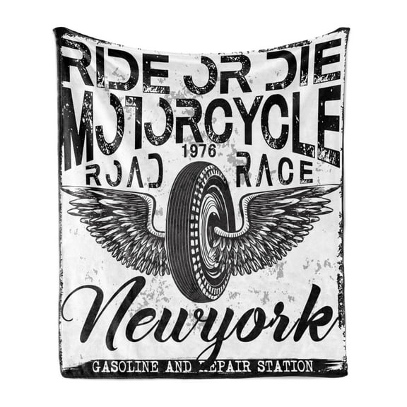 Motorcycle Soft Flannel Fleece Throw Blanket, Ride or Die Road Race New York Grungy Poster Like Design Along Wings, Cozy Plush for Indoor and Outdoor Use, 50" x 70", Charcoal Grey White, by Ambesonne