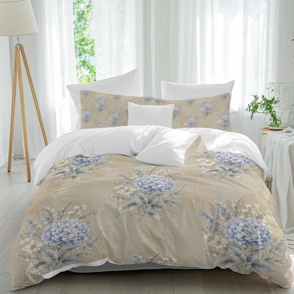 Duvet Cover Twin Size 3 Piece Bedding Set, Watercolor Flower Blue Hydrangea Leaves Soft Breathable Comforter Cover with 2 Pillow Shams, Retro Mottled Luxury Duvet Covers with Zipper Closure