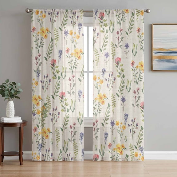 Wildflowers Blossom Sheer Curtains 63 Inch Length 2 Panels Set, Spring Pastoral Botanical Flowers Beige Voile Window Treatment Curtains Sheers Drapes for Bedroom/Living Room/Kitchen 52x"63"x2
