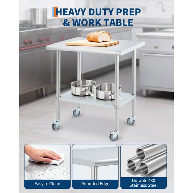 BeesClover Table de Préparation en Acier Inoxydable, Table de Travail Commerciale 24"x30 Pouces avec Roulettes Verrouillables et Tablette Inférieure Réglable, Îlot de Cuisine Robuste