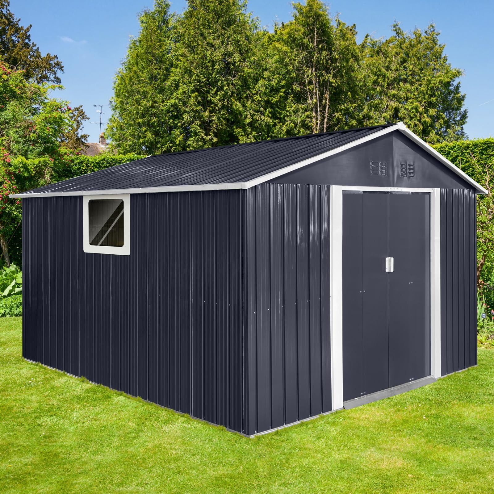 11.2x10.6 FT Outdoor Storage Shed, Metal Garden Tool Shed with Updated Frame Structure, Lockable Doors and Windows, Ideal for Backyard Garden Patio Lawn, Black