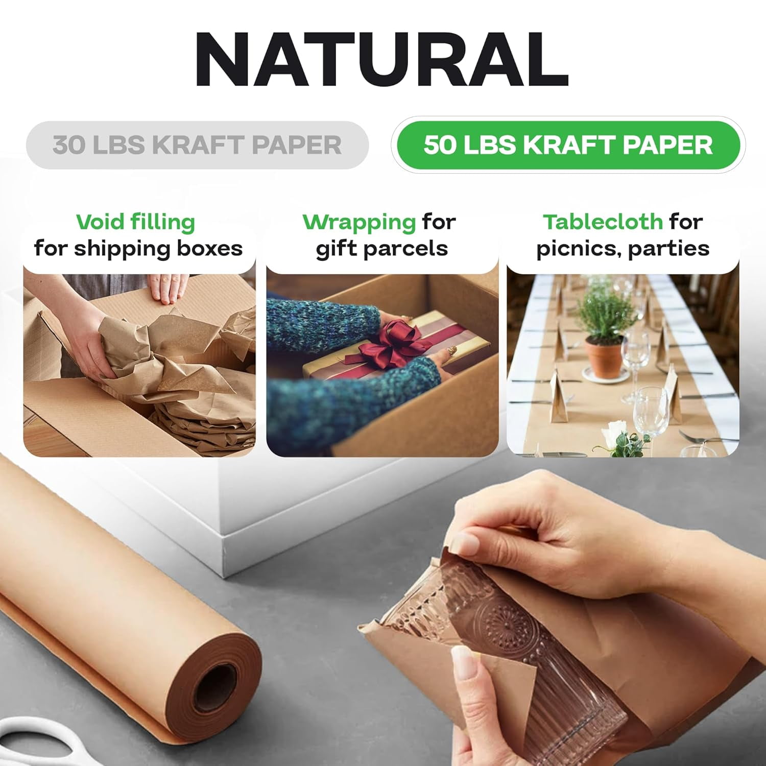 24" x 8640" (720 feet) - Brown Kraft Paper Roll 50lb Thickness - Heavy Duty Natural Wrapping Paper for Packing & Void Filling by IDL Packaging