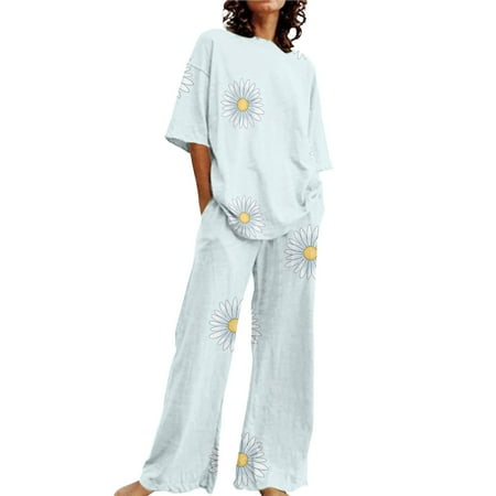 VISALY Women Pajama Sets Plus Size Loungewear Cotton Linen Sleepwear Floral Printed Matching Pajama Set Peasant Blouses Elbow-Length Tops Loose Pants Light Blue Xxl